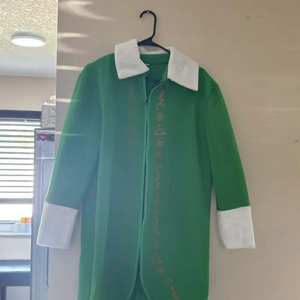 Christmas Elf Costume Long Green Jacket with White Fur Trim & Gold Embroidery S
